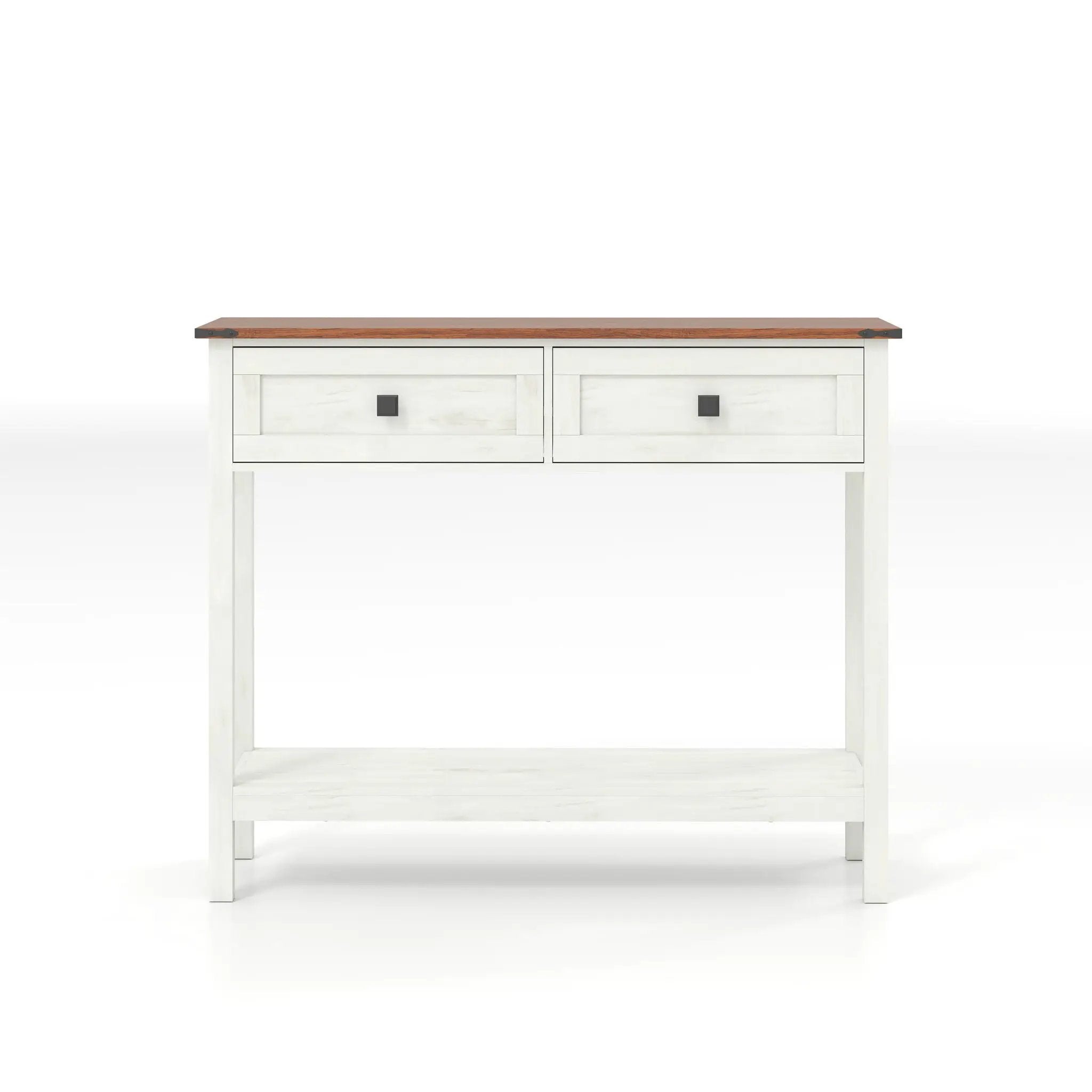 Farmhouse Style Console Table With 2 Drawers And Bottom Storage Shelf