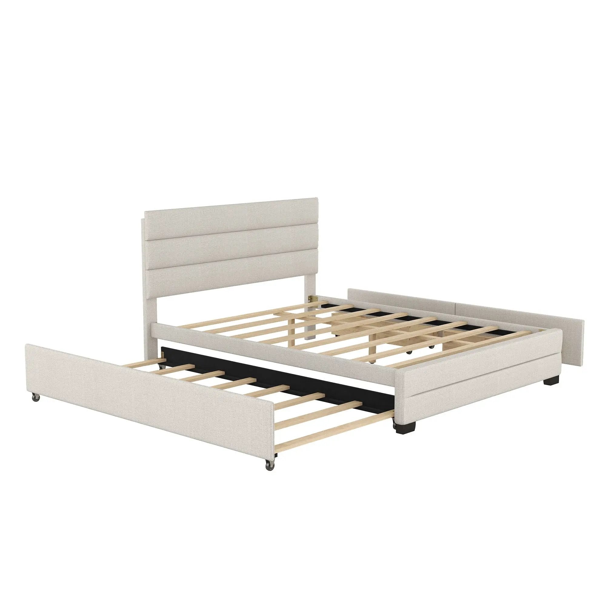 Queen Platform Bed With Twin Trundle And 2 Storage Drawers - Beige by HouseOfZazla