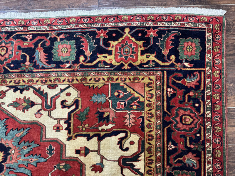 Persian Heriz Serapi Rug 8 x 10.6, Geometric Medallion, Great Colors, Rare, Red Navy Blue Ivory by Jewel Rugs