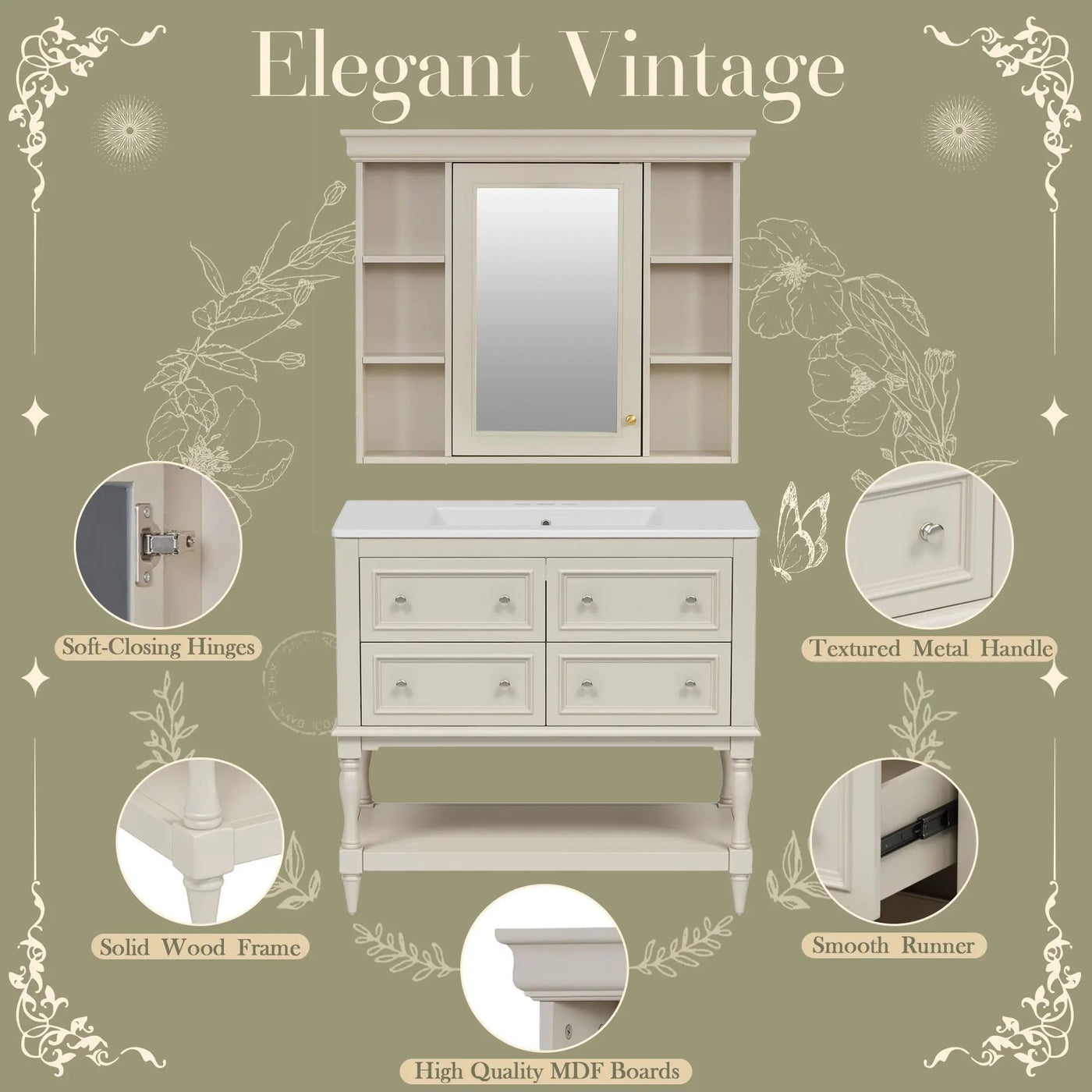 Bathroom Vanity With Medicine Cabinet, Storage Cabinet With 4 Drawers, Adjustable Shelf Mirror by Unique Piece Furniture