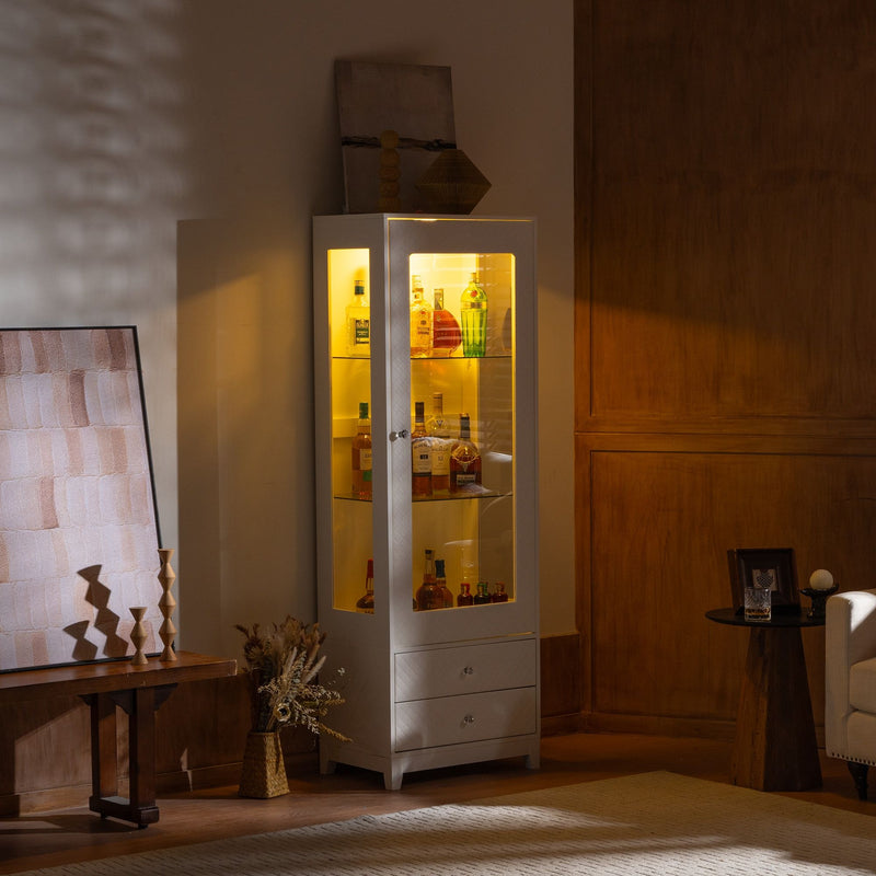 Modern Upholstered Glass Display Cabinet with Adjustable LED Light - White, photo 18 of 21