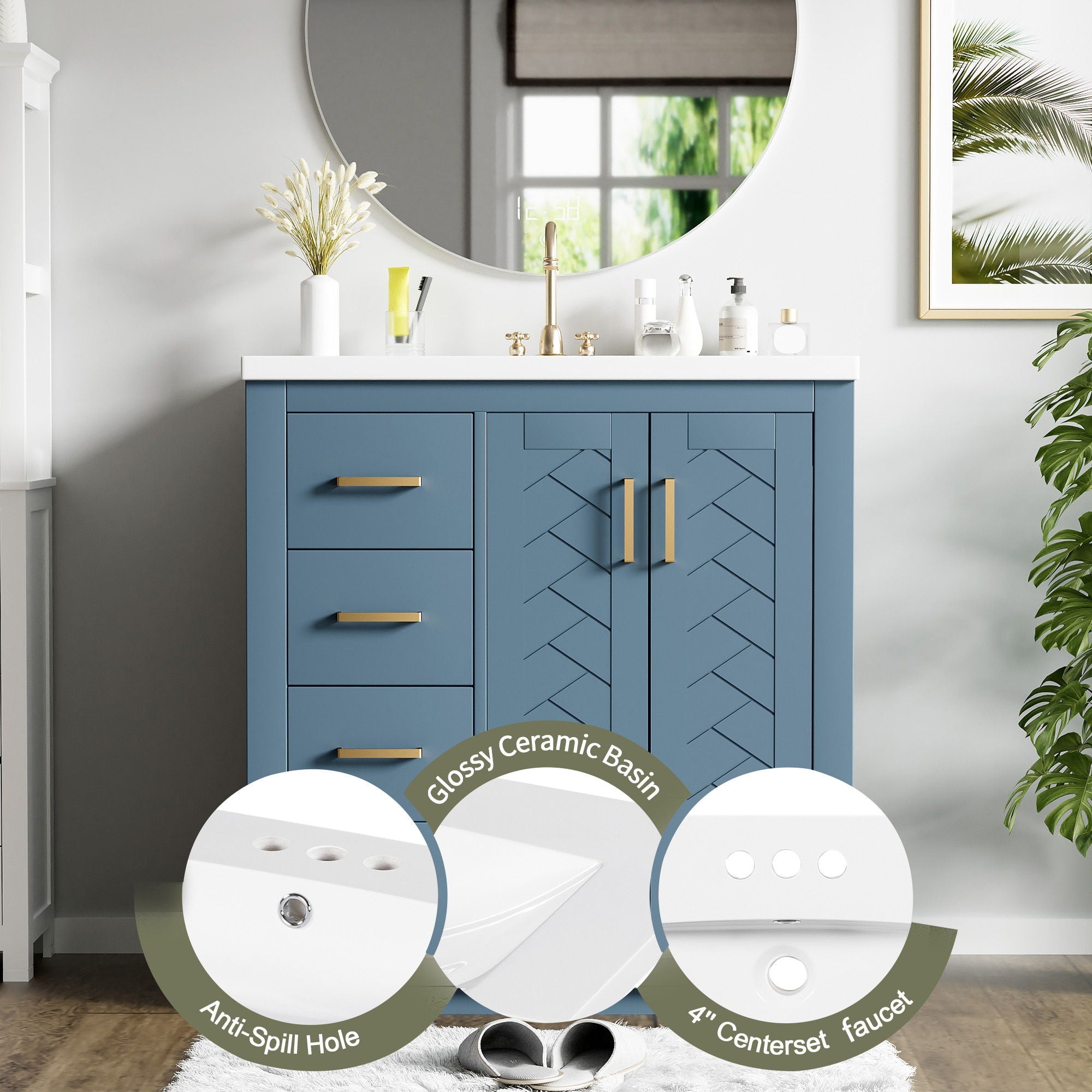 Ceramic Sink Combo, Freestanding Vanity Set With 3 Drawers & Soft Closing Doors by HouseOfZazla