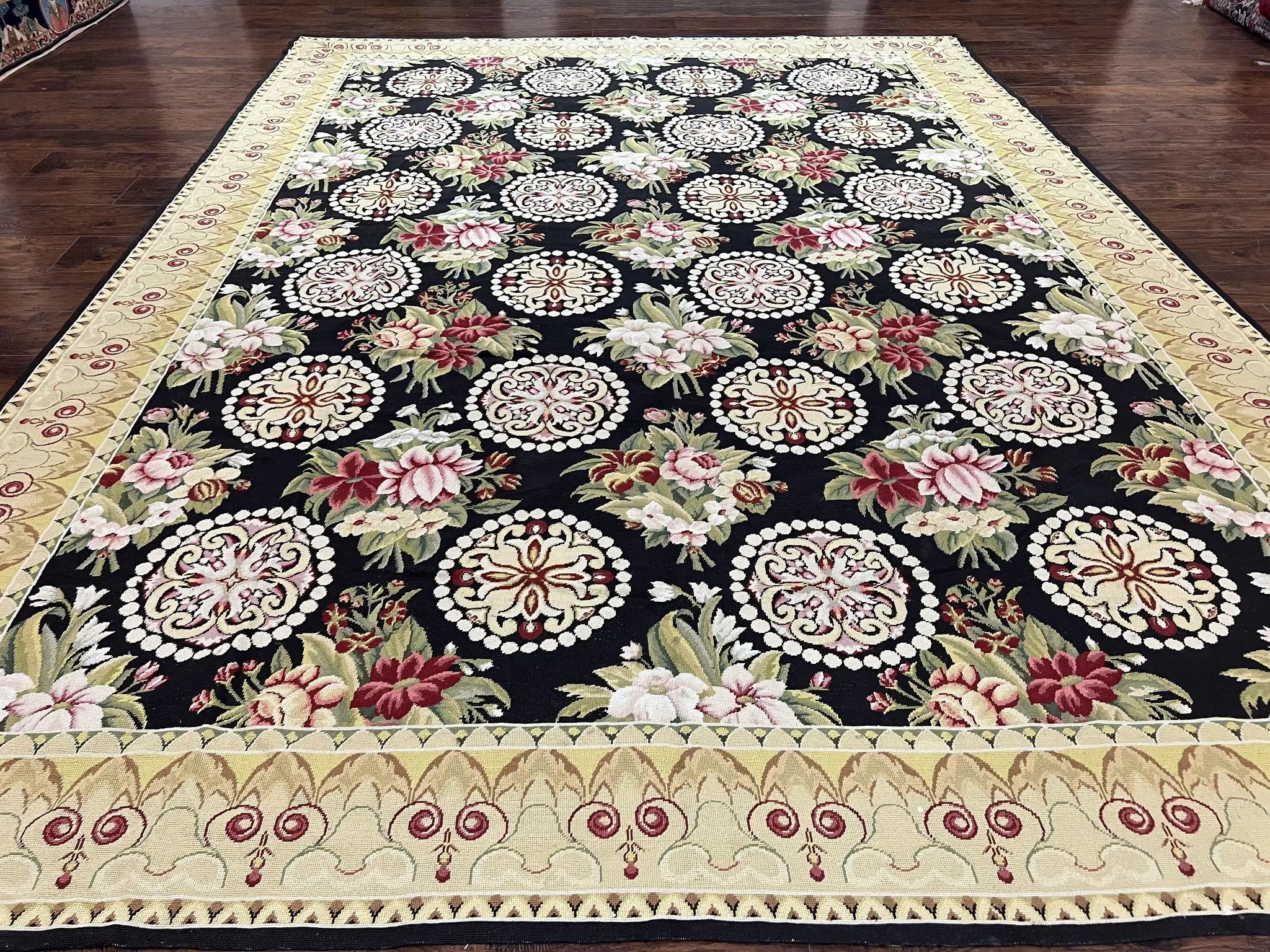 9x12 Black Needlepoint Rug, European Floral Panel Design, Handwoven, Vintage Chinese Needlepoint, Black Green Beige, Wool Rug 9 x 12 by Jewel Rugs