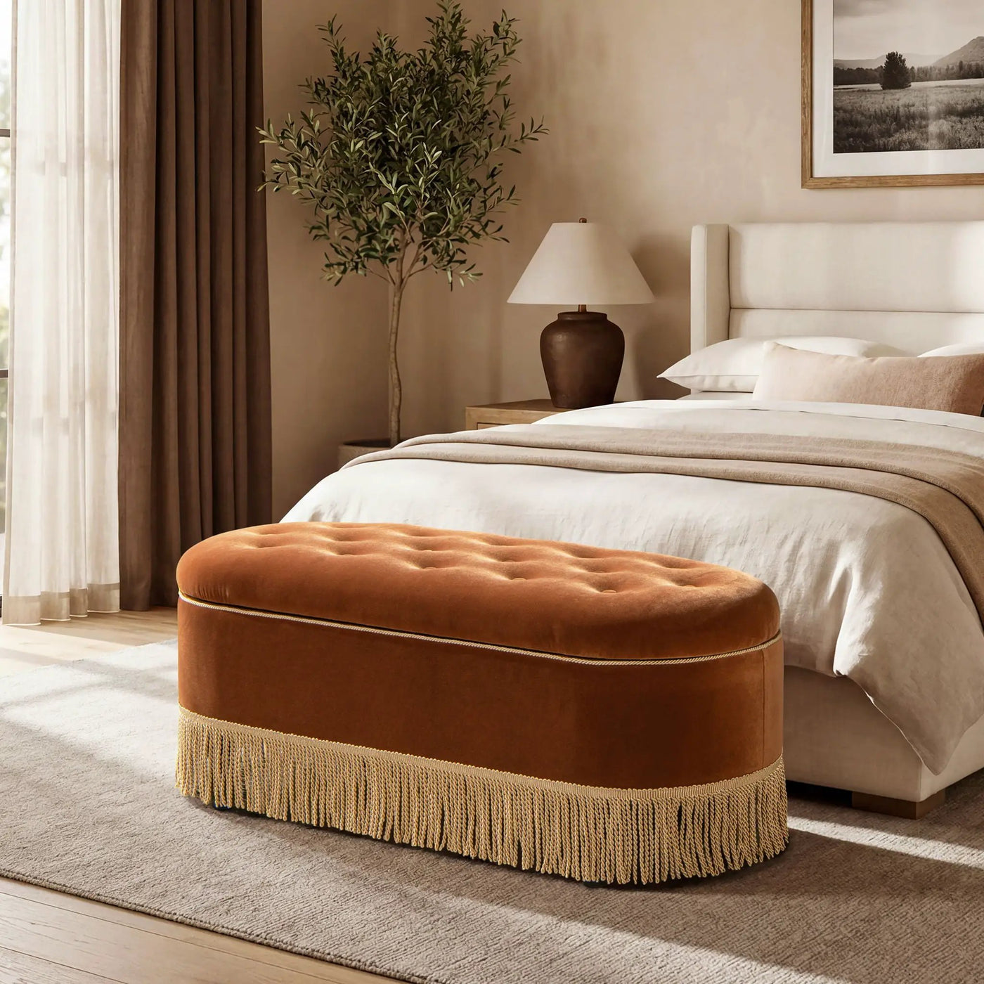 Melinda - Oval Tufted Bullion Fringe Storage Bench by HouseOfZazla