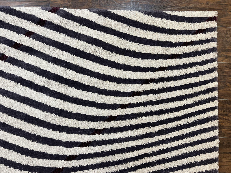 Vintage Zebra Stripes Shag Rug 5.7 x 7.4, Black and White, Retro, Wool by Jewel Rugs