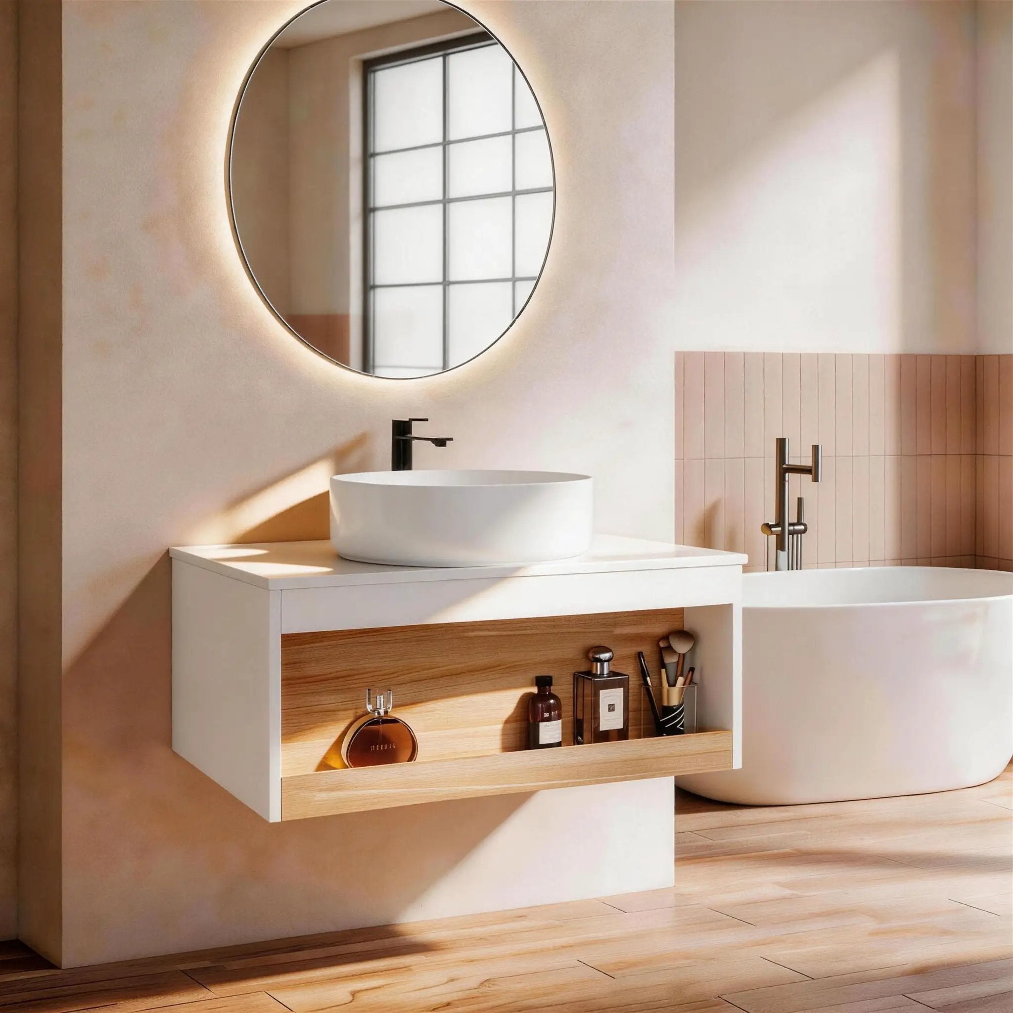 Floating Bathroom Vanity With Glossy Round Vessel Sink by Unique Piece Furniture