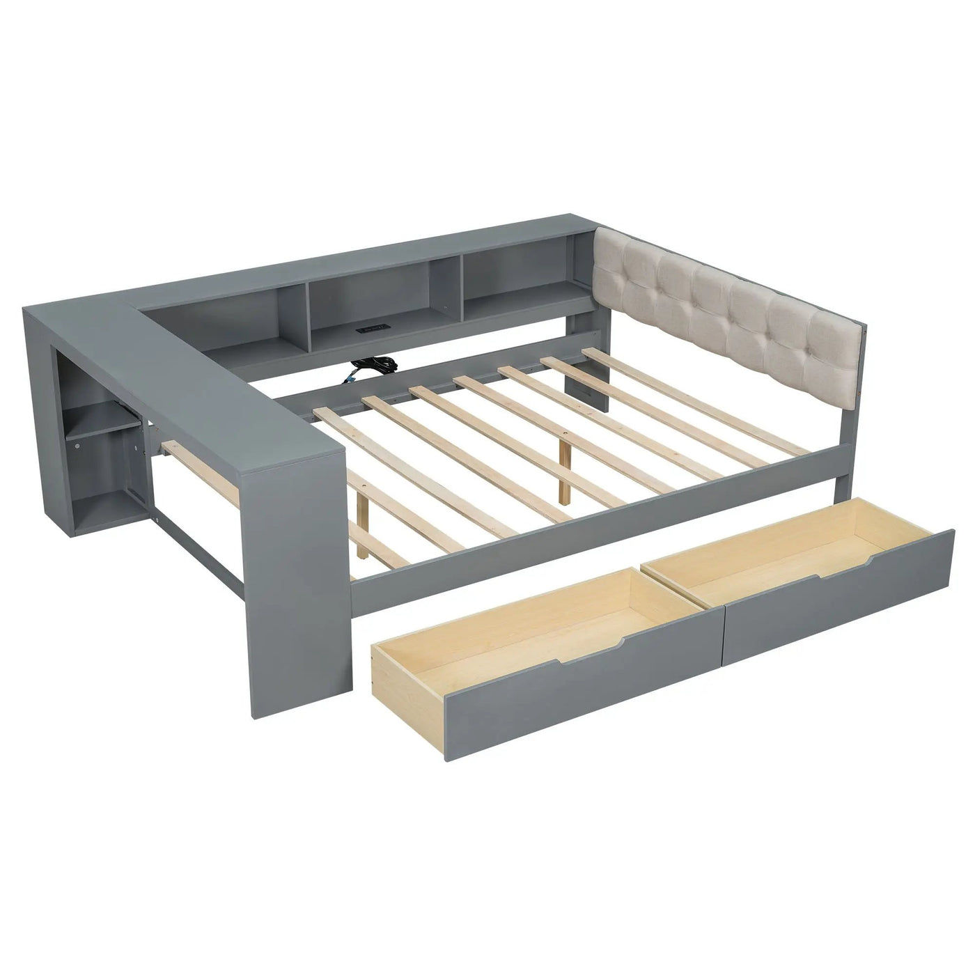 Upholstered Headboard Platform Bed With Storage Shelves, Drawers, Charging Station by HouseOfZazla