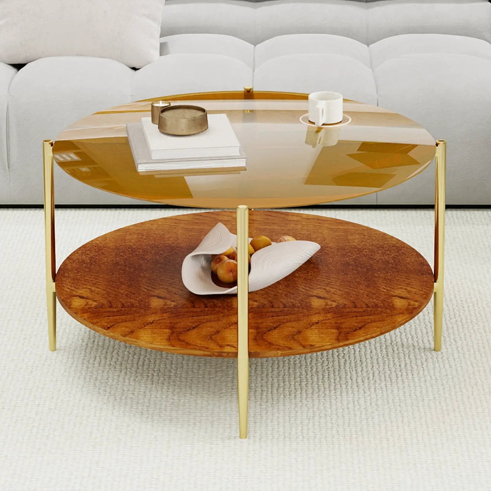 Luxurious Round Coffee Table with Gold-Tinted Tempered Glass Top by HouseOfZazla