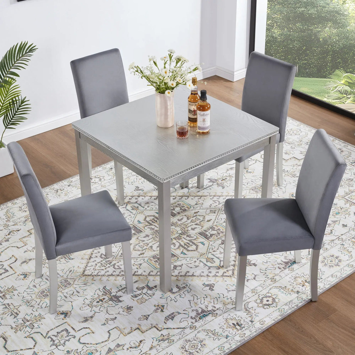 5 Pieces Wooden Dining Table Set, Square Table And 4 Upholstered Chairs by HouseOfZazla