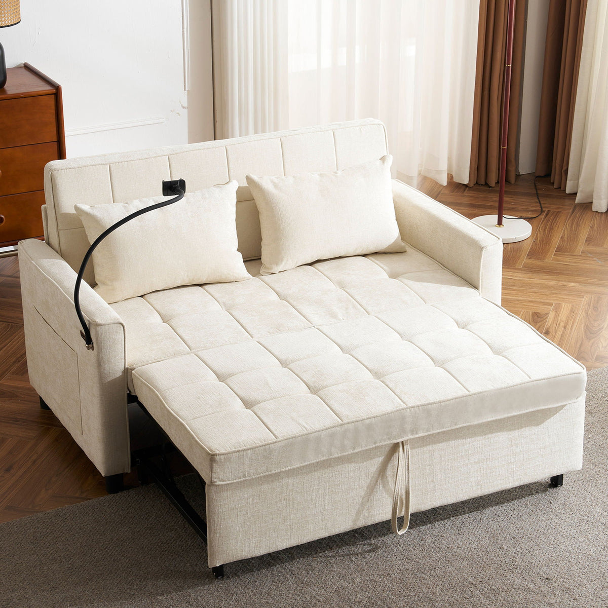 Pull-Out Sleeper Sofa With Reversible Backrest Cushion, Side Pockets, 2 USB Ports And A Phone Holder For Living Room, photo 20 of 25