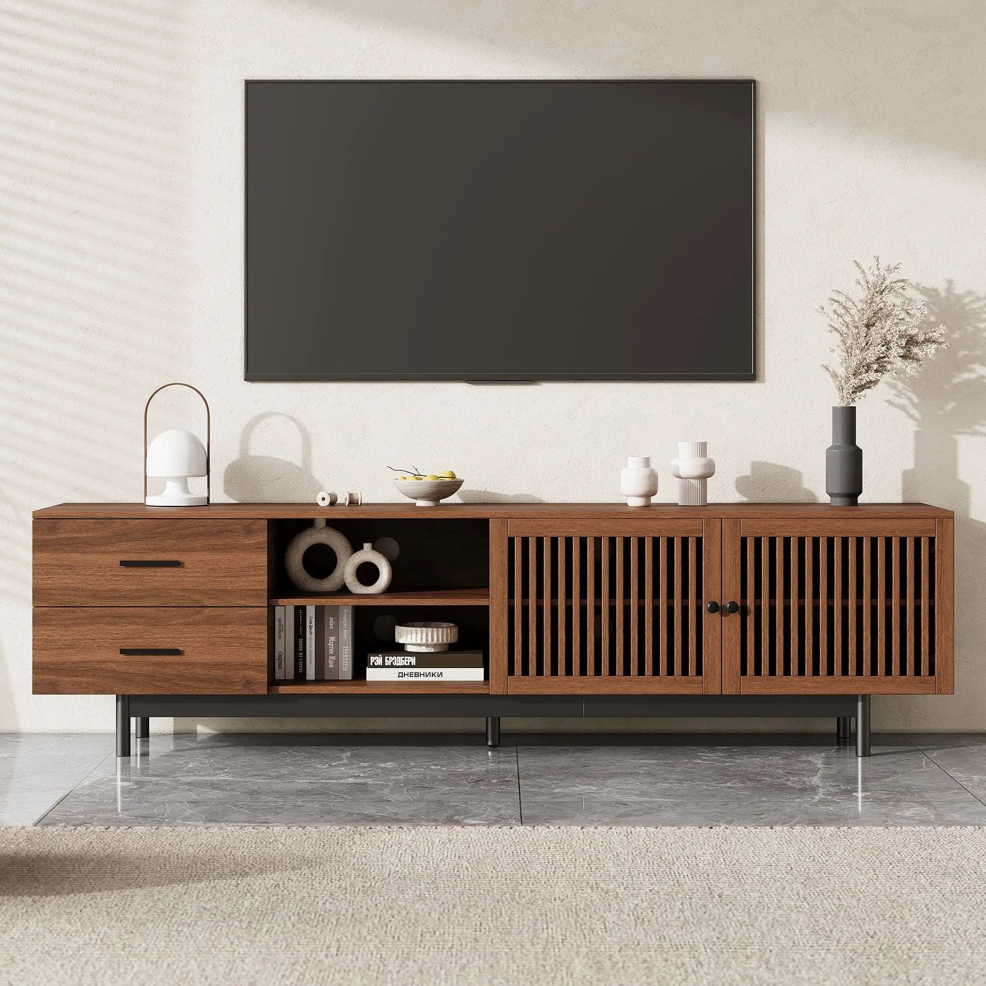 78" TV Stand For TVs Up To 85" Entertainment Center With Deep Drawers & Cable Management, Soft Closing Hinges - Walnut by HouseOfZazla