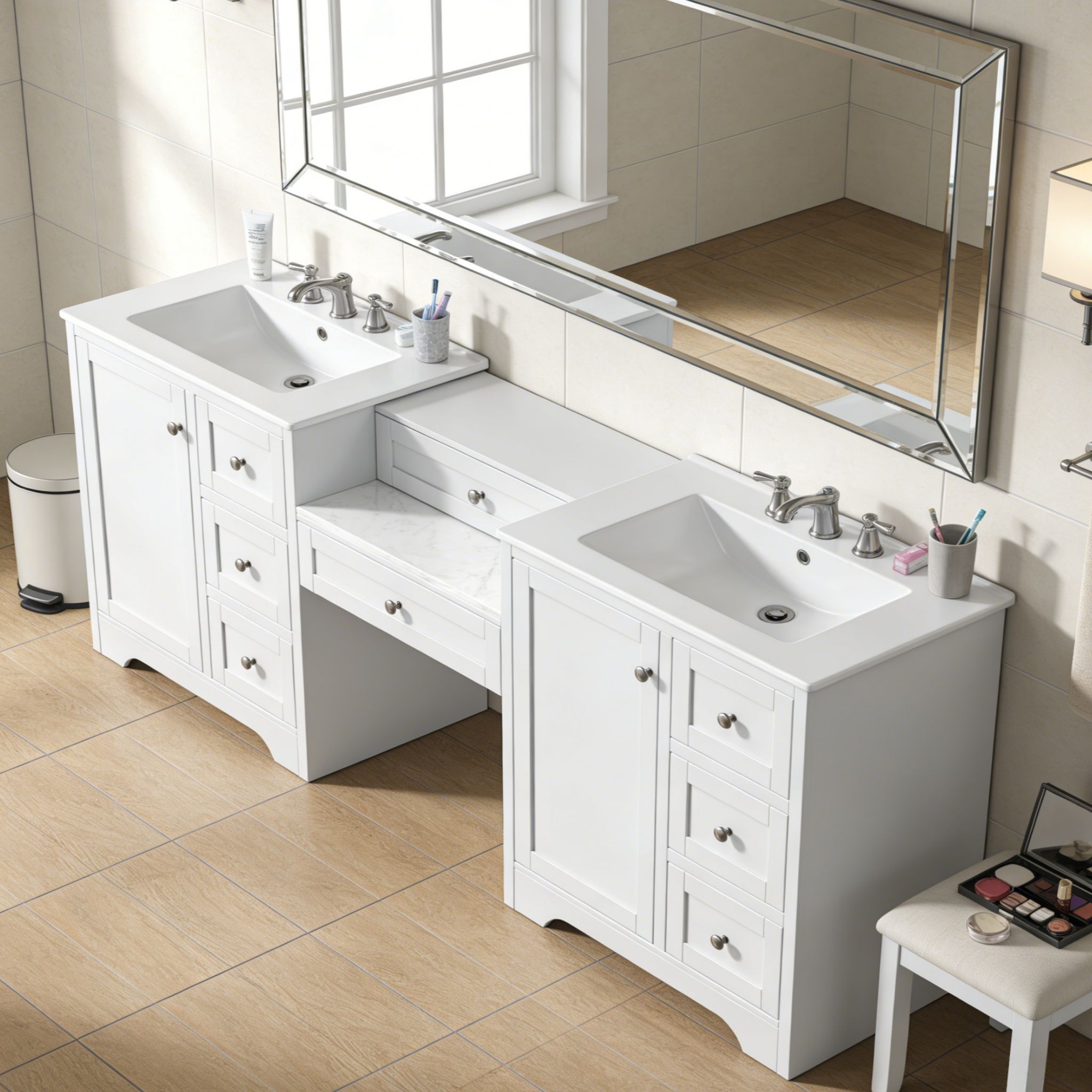 Double Sink Bathroom Vanity With Countertop, 2 Ceramic Sinks, 6 Drawers by HouseOfZazla