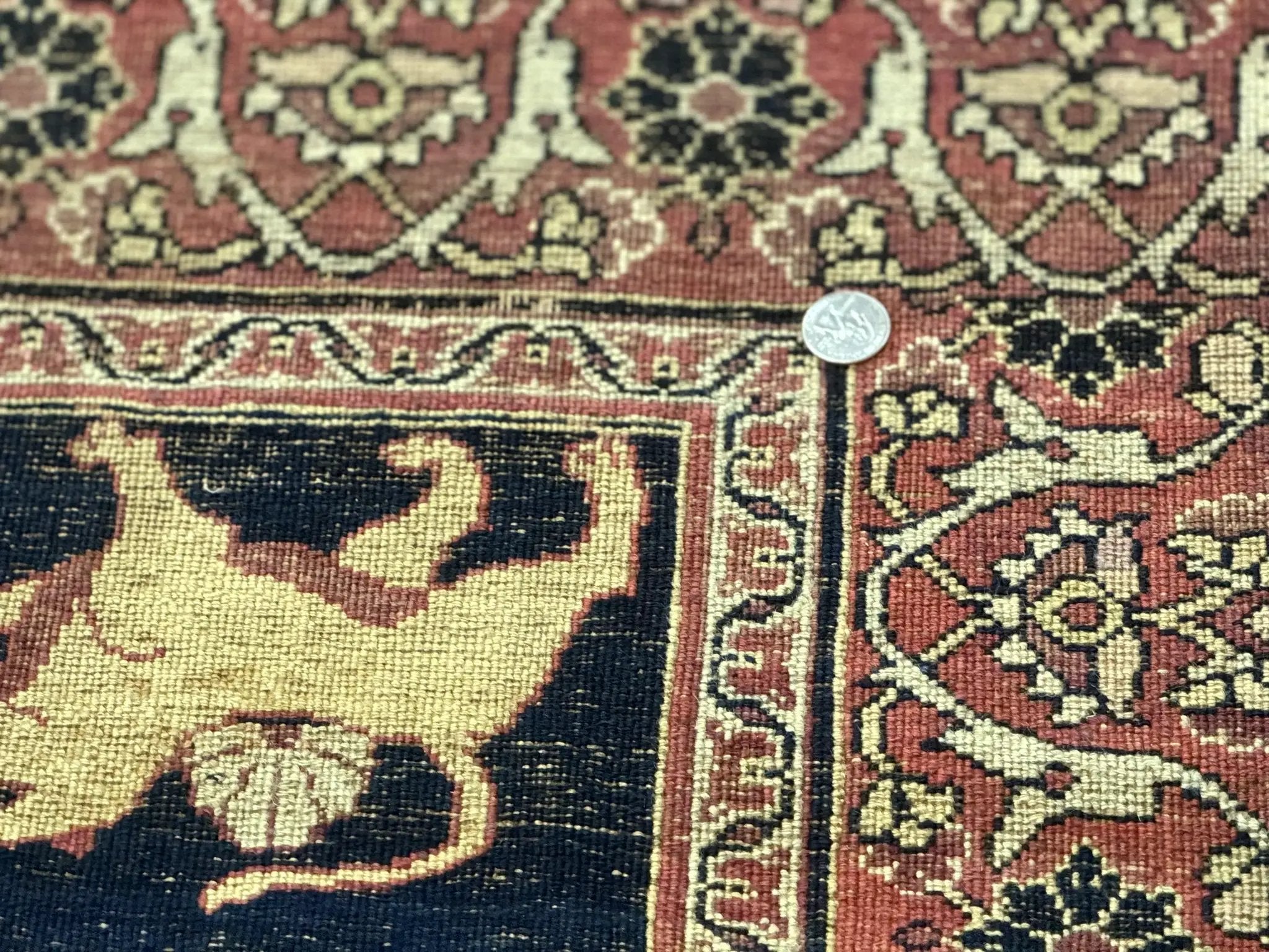 Antique Persian Mashad Rug 4x6, Semi Open Field, Navy Blue, Lion Pictorials, Triple Medallion, Dorokhsh Rug by Jewel Rugs