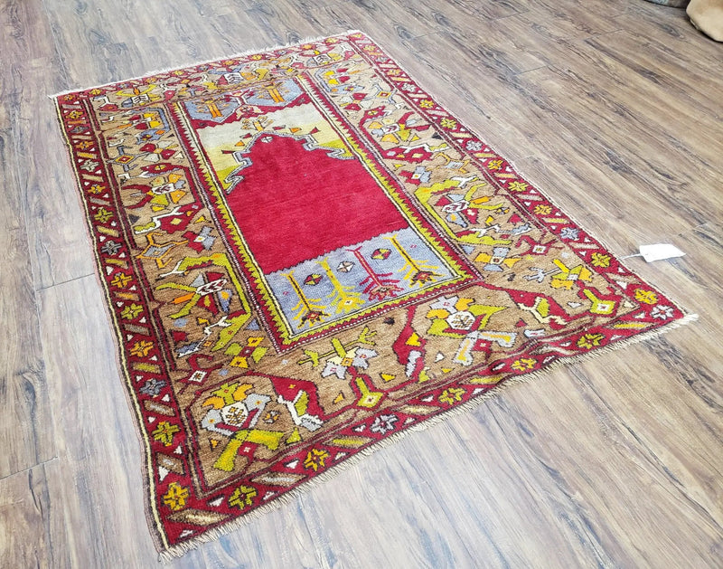 Antique Turkish Prayer Rug 3.8 x 5ft, Colorful Prayer Rug, Red Blue Gold Multicolor Turkish Anatolian Carpet, Handmade Hand-Knotted, Wool by Jewel Rugs