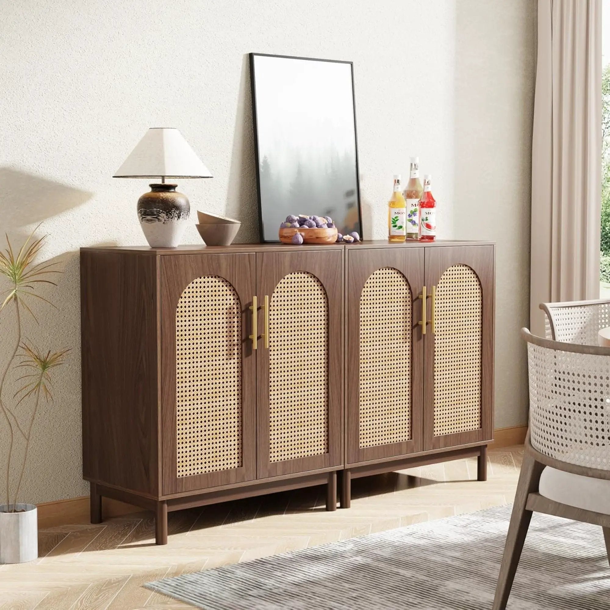Sideboard Buffet Cabinet With Handwoven Rattan Doors (Set of 2) - Dark Brown by HouseOfZazla