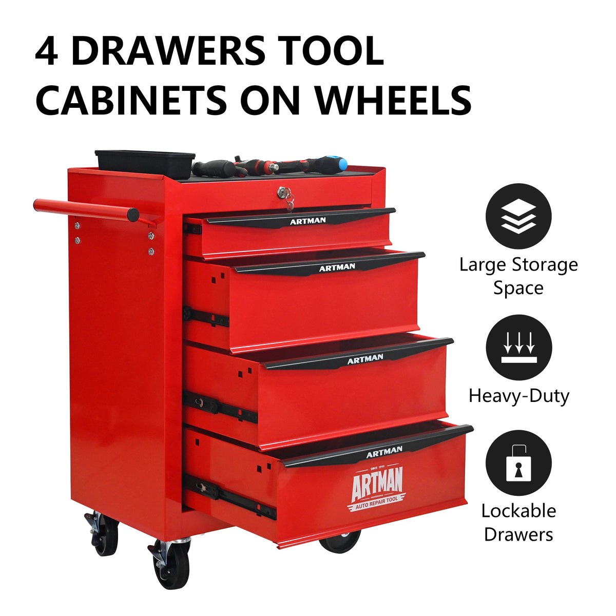 Rolling Metal Tool Chest with 4 Drawers - Red & Black, photo 2 of 10