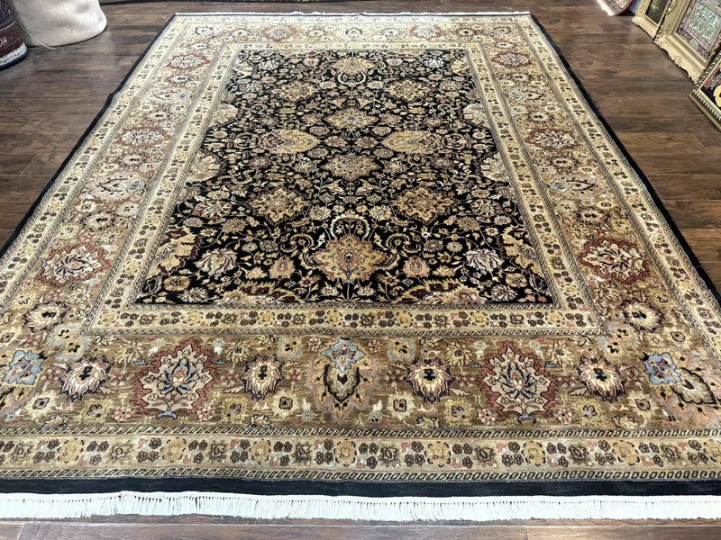 Indo Persian Rug 9x12, Floral Allover, Midnight Blue, Handmade Vintage Wool Oriental Carpet by Jewel Rugs