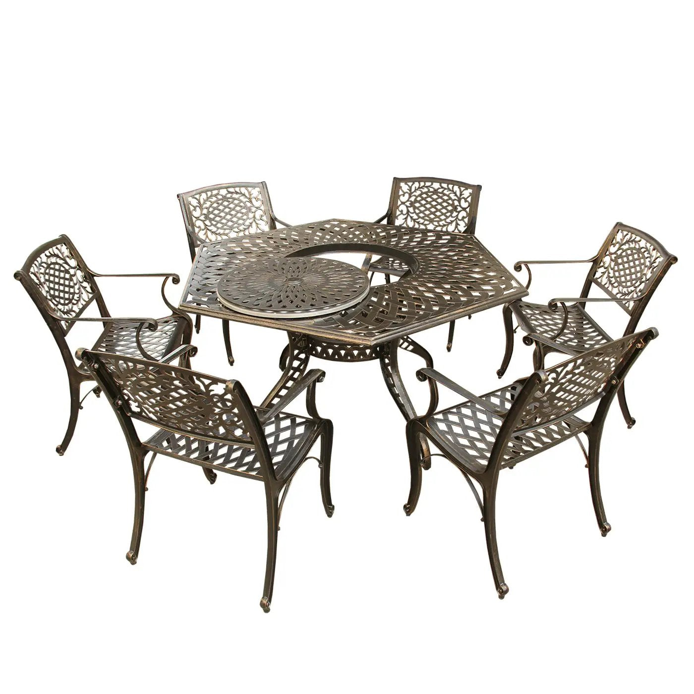 Outdoor Aluminum 7pc Hexagon Patio Dining Set, Lazy Susan, Six Chairs by Sharicks
