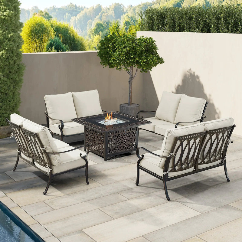 Black Aluminum Fire Table Set with Four Deep Seating Loveseats by Sharicks