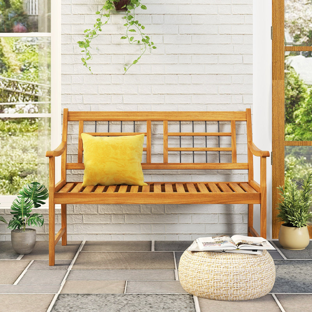 Patio Acacia Wood Bench with Curved Armrests Slatted Seat and Backrest, photo 2 of 8