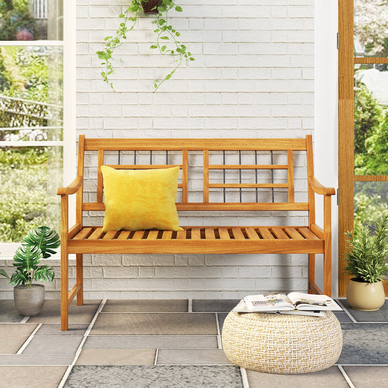 Patio Acacia Wood Bench with Curved Armrests Slatted Seat and Backrest, photo 2 of 8