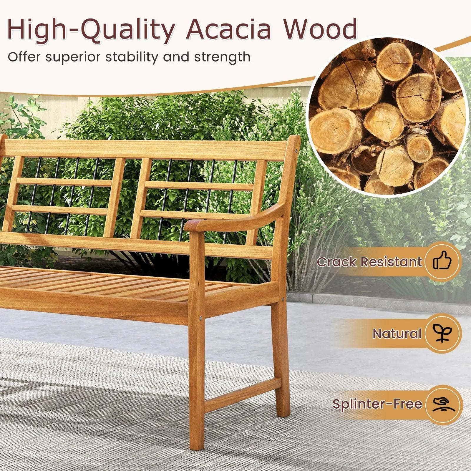 Patio Acacia Wood Bench with Curved Armrests Slatted Seat and Backrest by DirectDeals