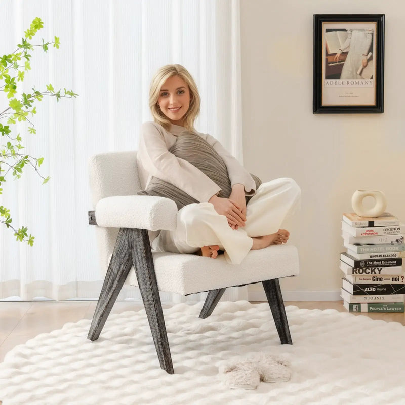 Upholstered Armchair with Natural Rubber Wood Legs and Sponge Padded Seat-White by DirectDeals