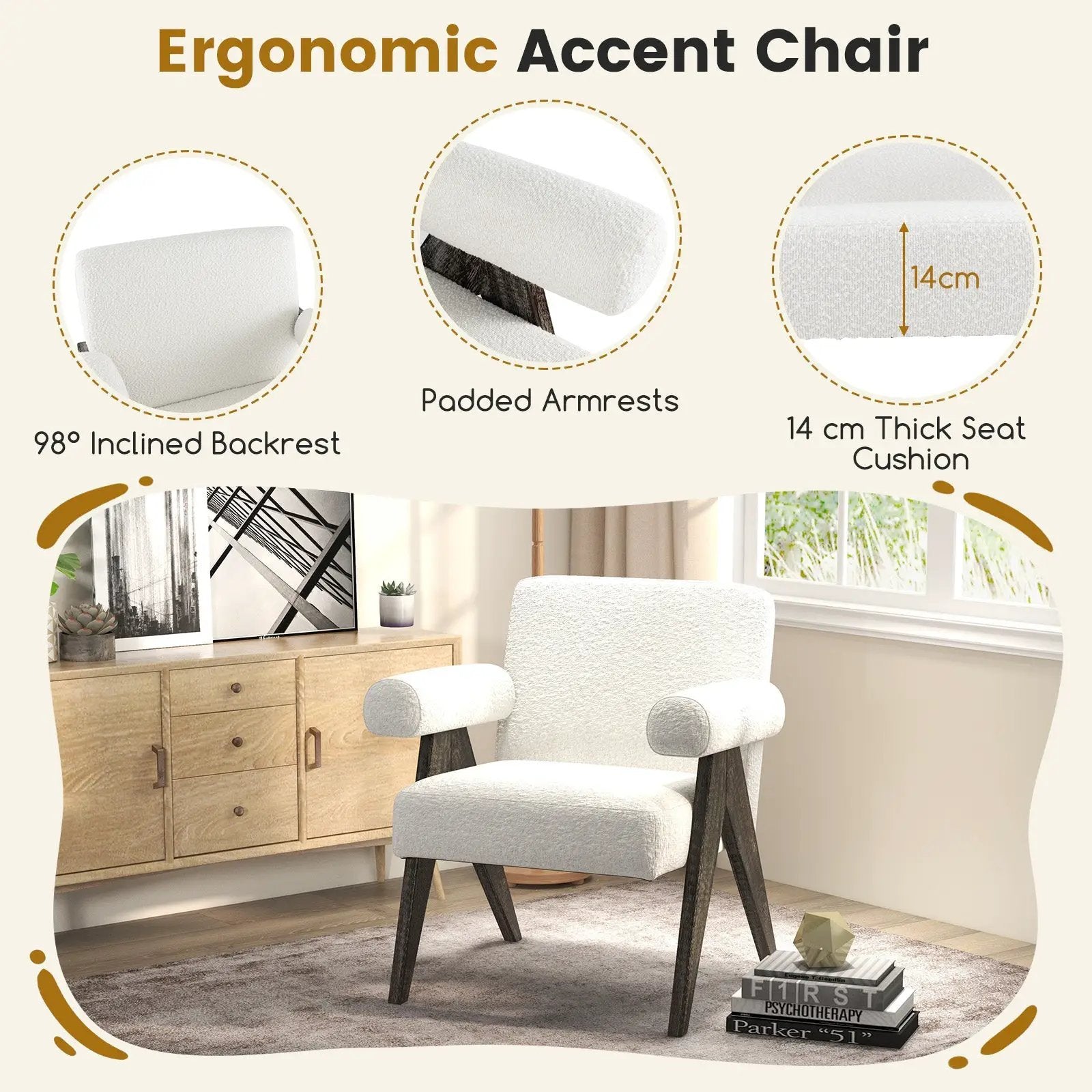 Upholstered Armchair with Natural Rubber Wood Legs and Sponge Padded Seat-White by DirectDeals