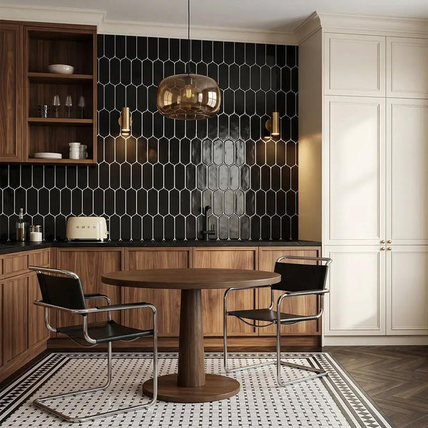 Kitchen dining nook with a black picket tile backsplash and walnut cabinets