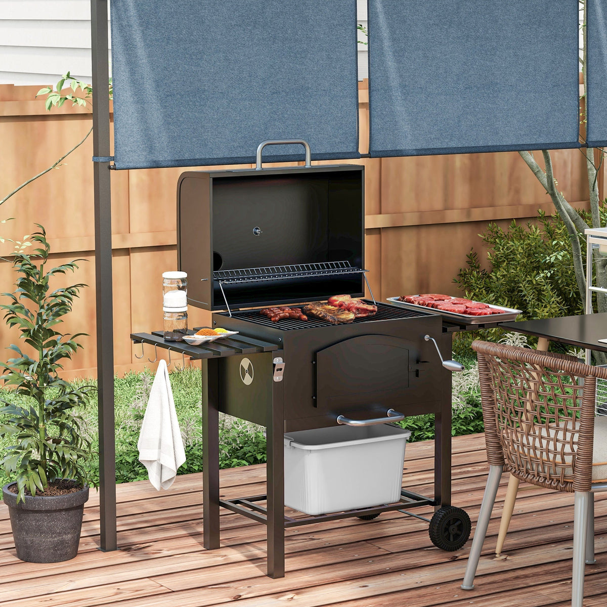 Charcoal Grill with Adjustable Height and Folding Shelves - Black Steel, photo 2 of 9