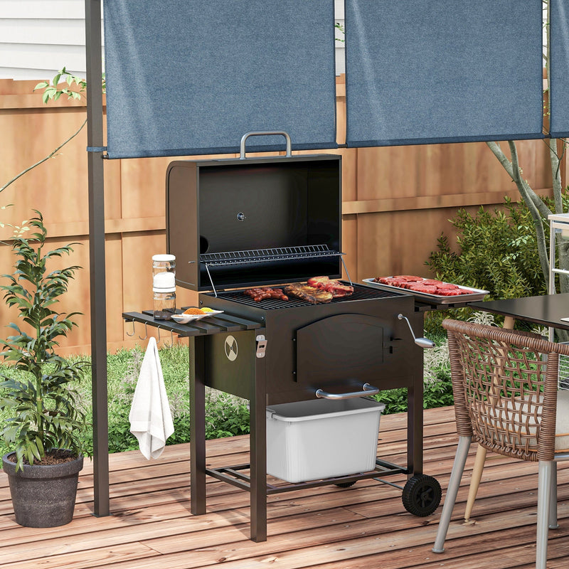 Charcoal Grill with Adjustable Height and Folding Shelves - Black Steel, photo 2 of 9