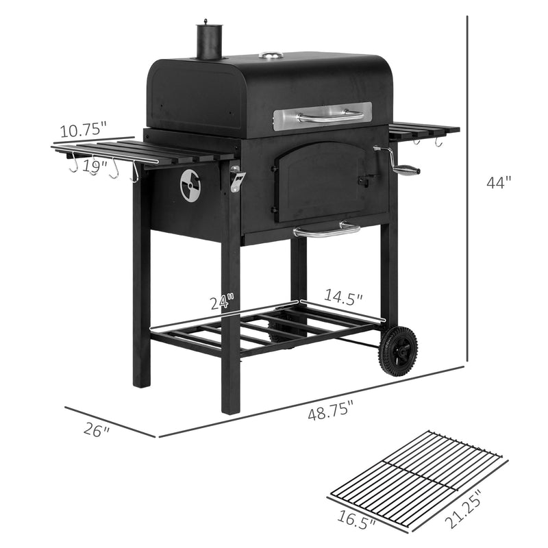 Charcoal Grill with Adjustable Height and Folding Shelves - Black Steel, photo 3 of 9