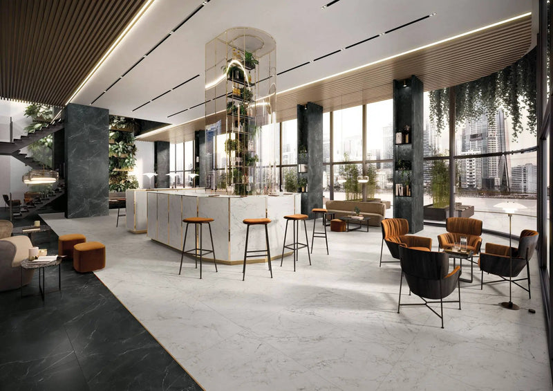 Charme Evo Calacatta Black Marble Look Porcelain Tiles 24x24 by landmarkceramics