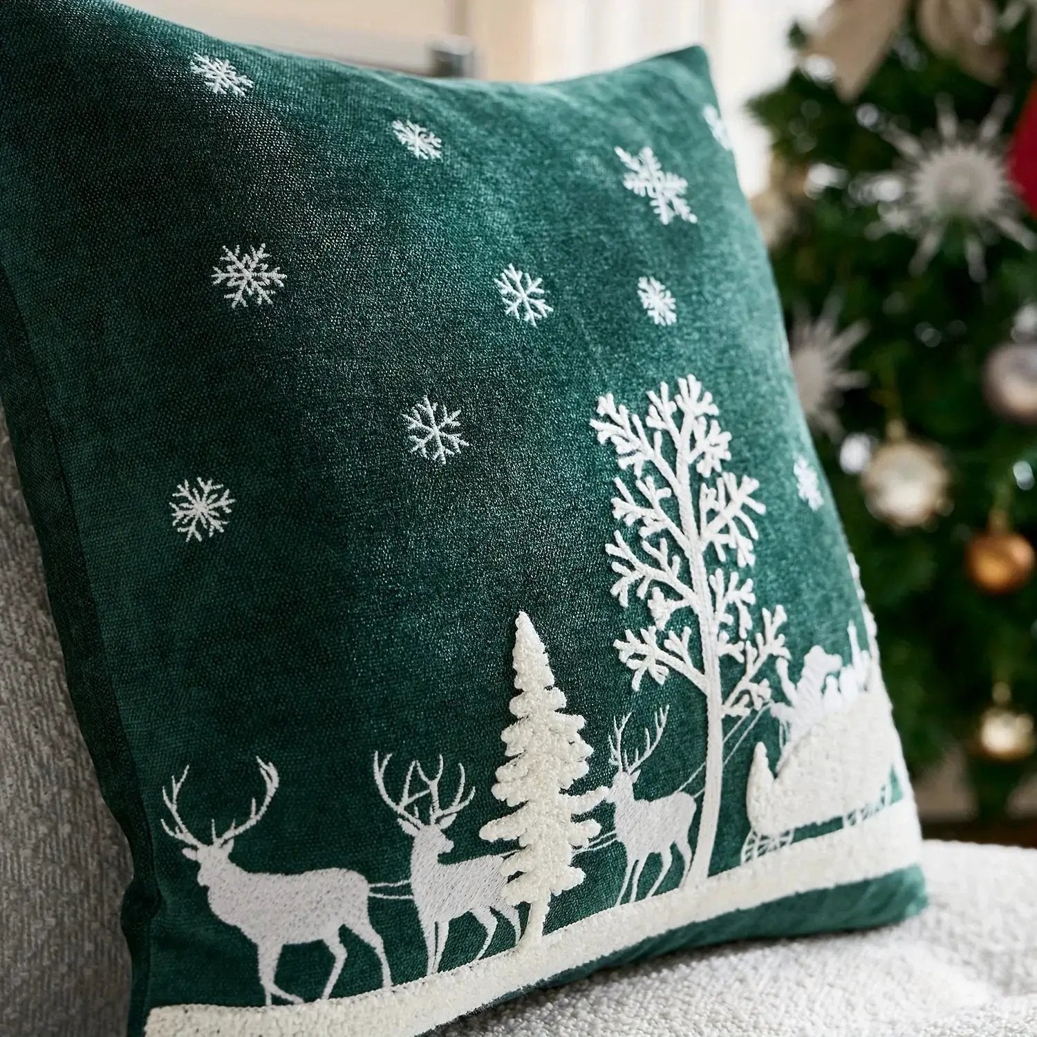 Chenille Christmas Pillowcase with Embroidered Santa Sled Design by House Of Avana