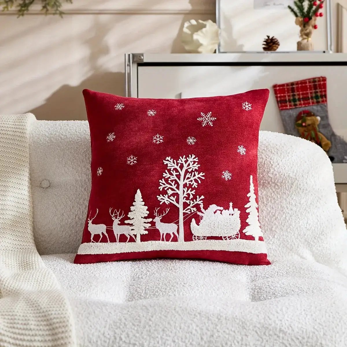 Chenille Christmas Pillowcase with Embroidered Santa Sled Design by House Of Avana