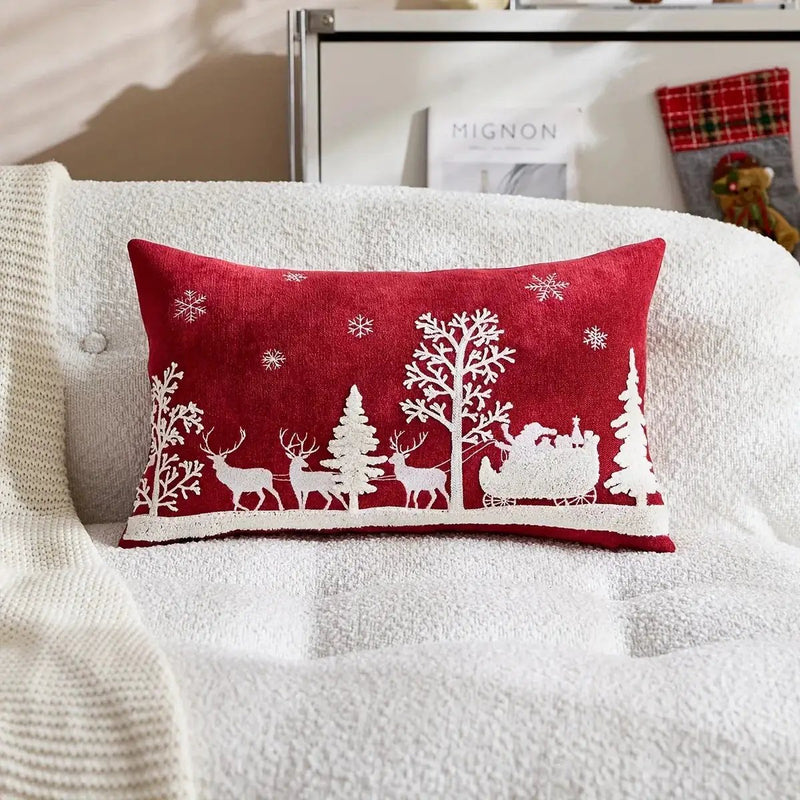 Chenille Christmas Pillowcase with Embroidered Santa Sled Design by House Of Avana