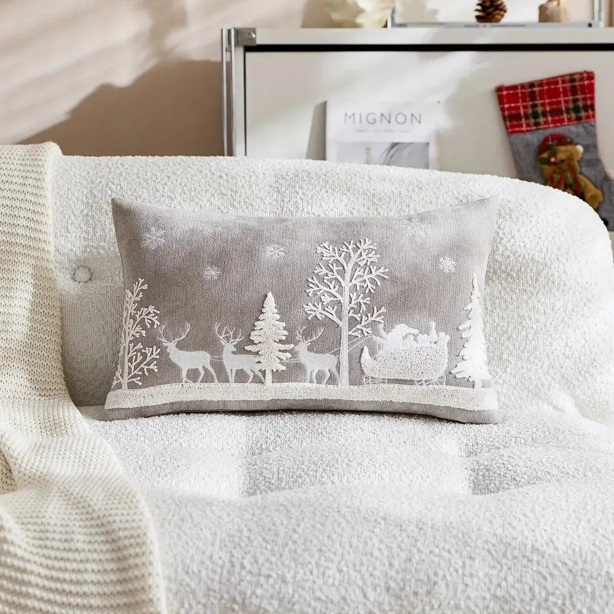 Chenille Christmas Pillowcase with Embroidered Santa Sled Design by House Of Avana