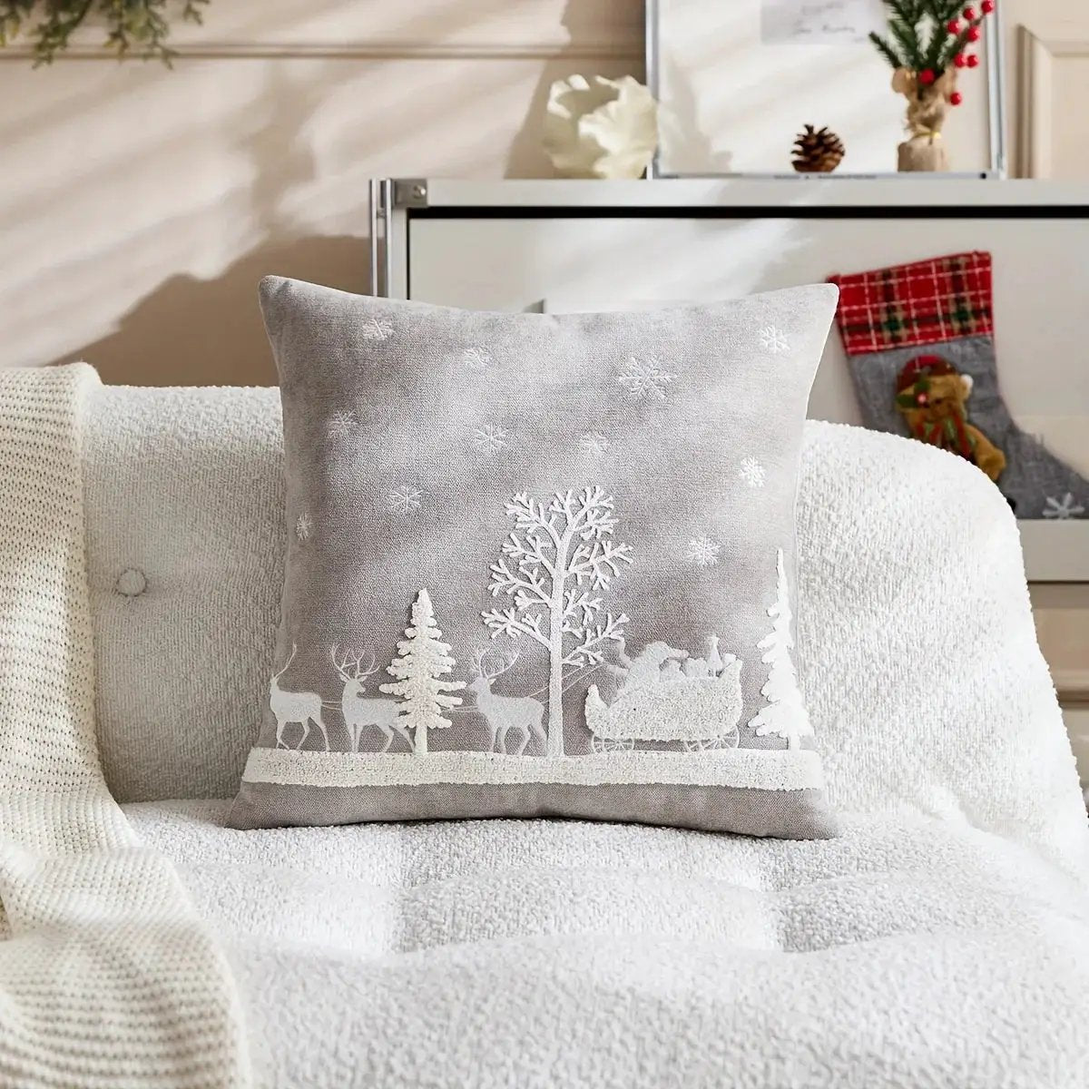 Chenille Christmas Pillowcase with Embroidered Santa Sled Design by House Of Avana