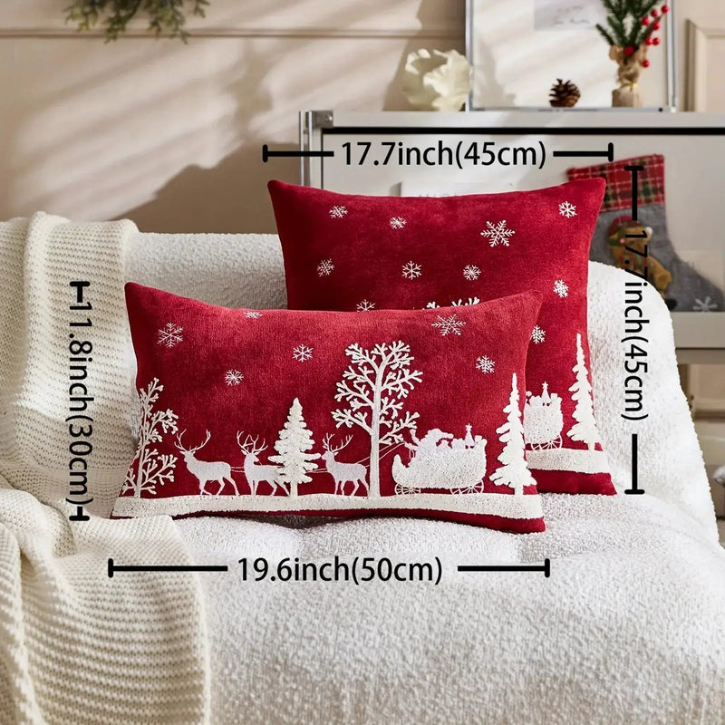 Chenille Christmas Pillowcase with Embroidered Santa Sled Design by House Of Avana