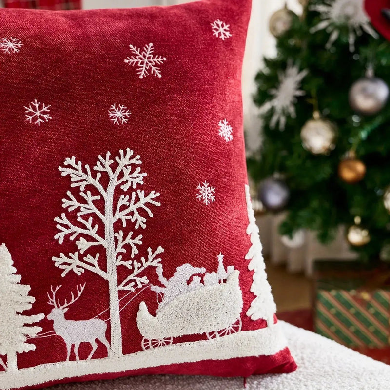 Chenille Christmas Pillowcase with Embroidered Santa Sled Design by House Of Avana