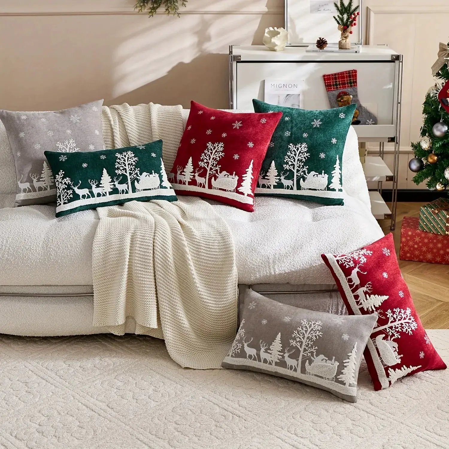 Chenille Christmas Pillowcase with Embroidered Santa Sled Design by House Of Avana