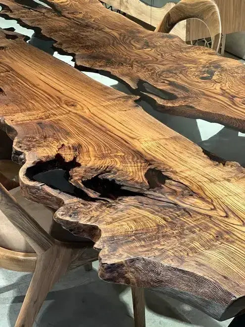 Live Edge, Epoxy Resin River Dining Room Table Made Of Chestnut Wood by Gizz