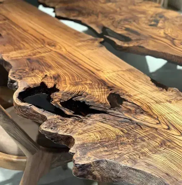 Live Edge, Epoxy Resin River Dining Room Table Made Of Chestnut Wood by Gizz