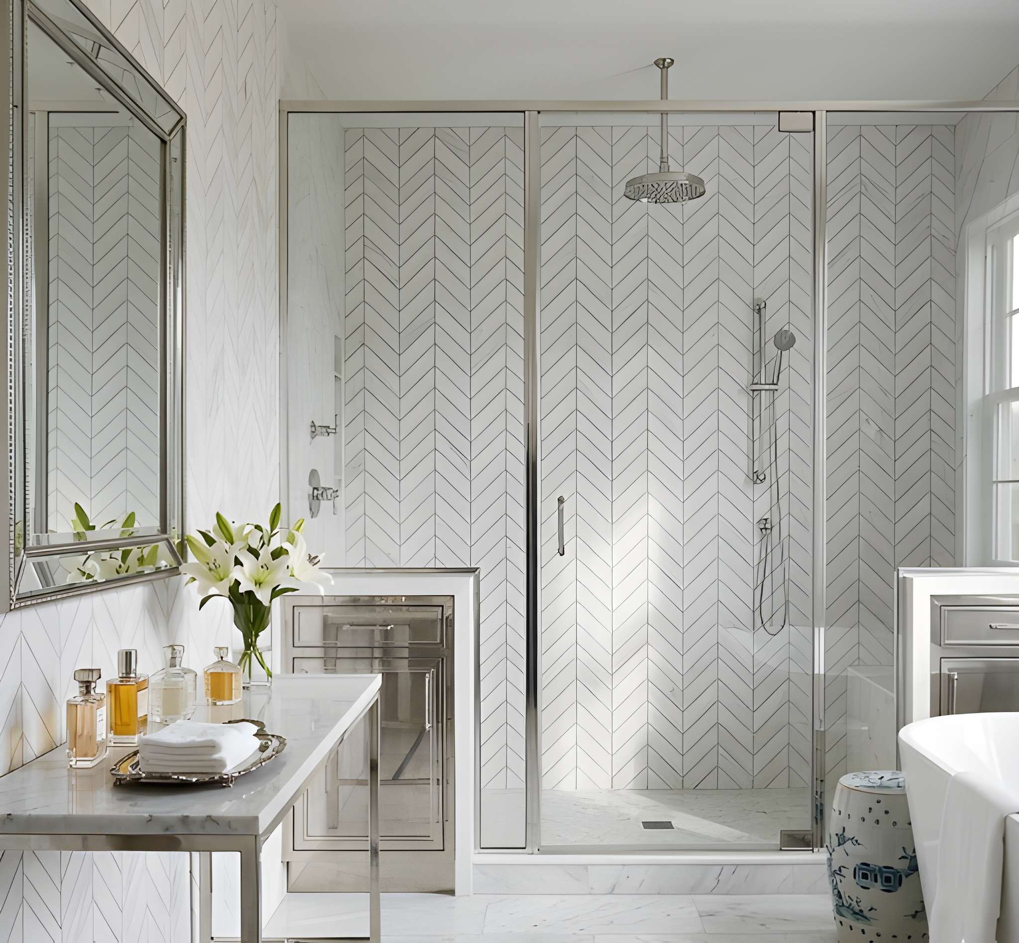 Bianco Dolomiti Polished Chevron Waterjet Marble Waterjet Mosaics 13x10 Marble Polished 14x14 Waterjet Mosaics — 2