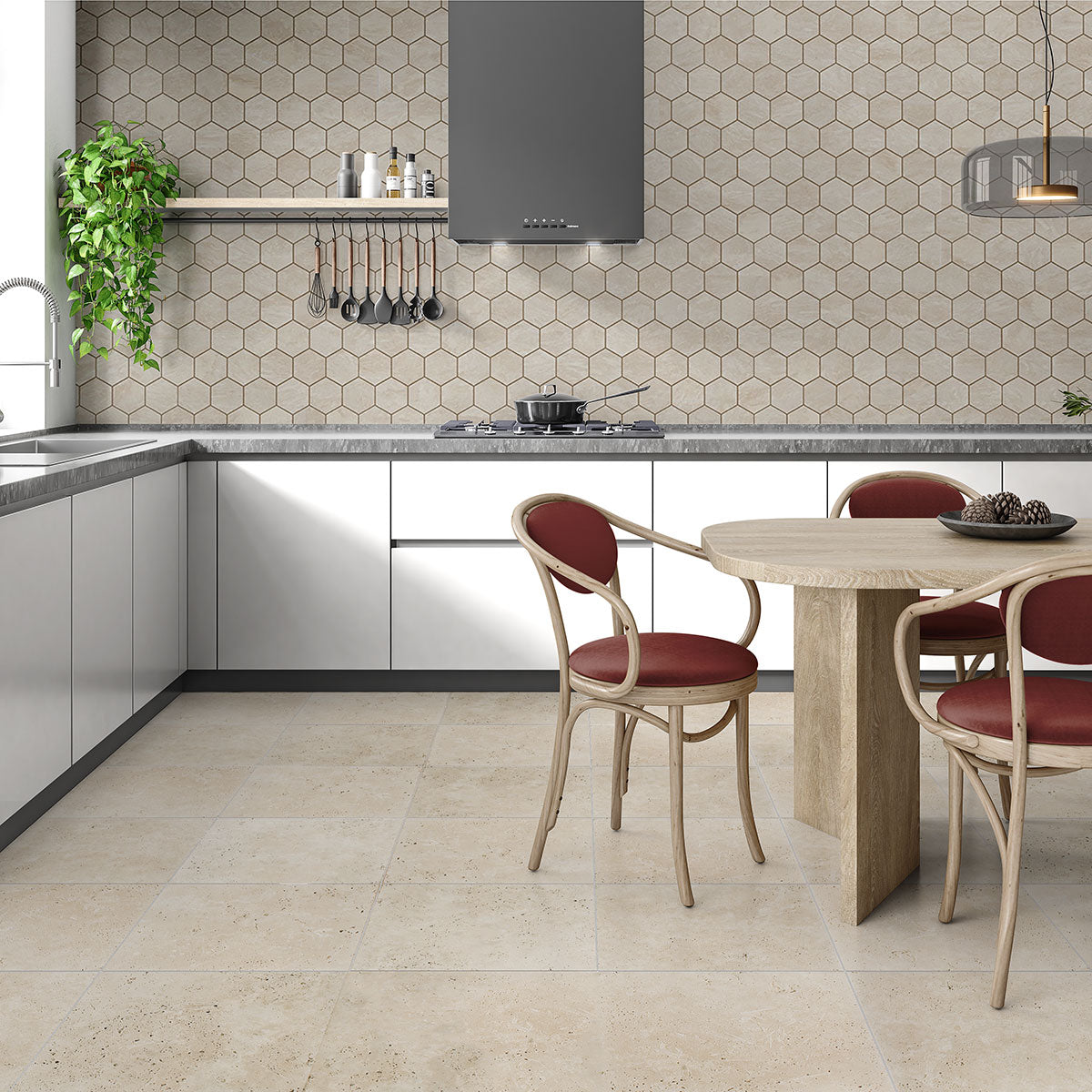 Chiaro Honed Filled Hexagon Travertine Mosaics 10 3/8x12 Travertine Honed Filled 12x12 Mosaics — 2