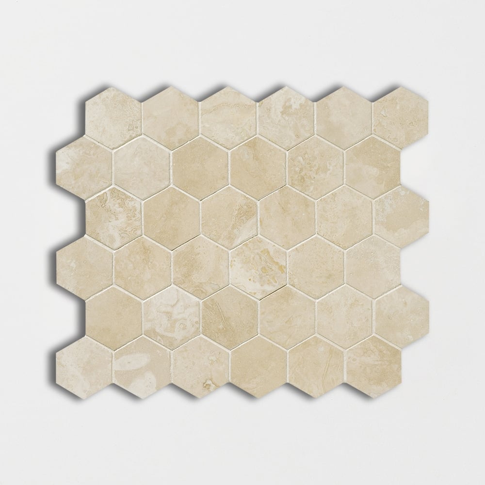 Chiaro Honed Filled Hexagon Travertine Mosaics 10 3/8x12 Travertine Honed Filled 12x12 Mosaics