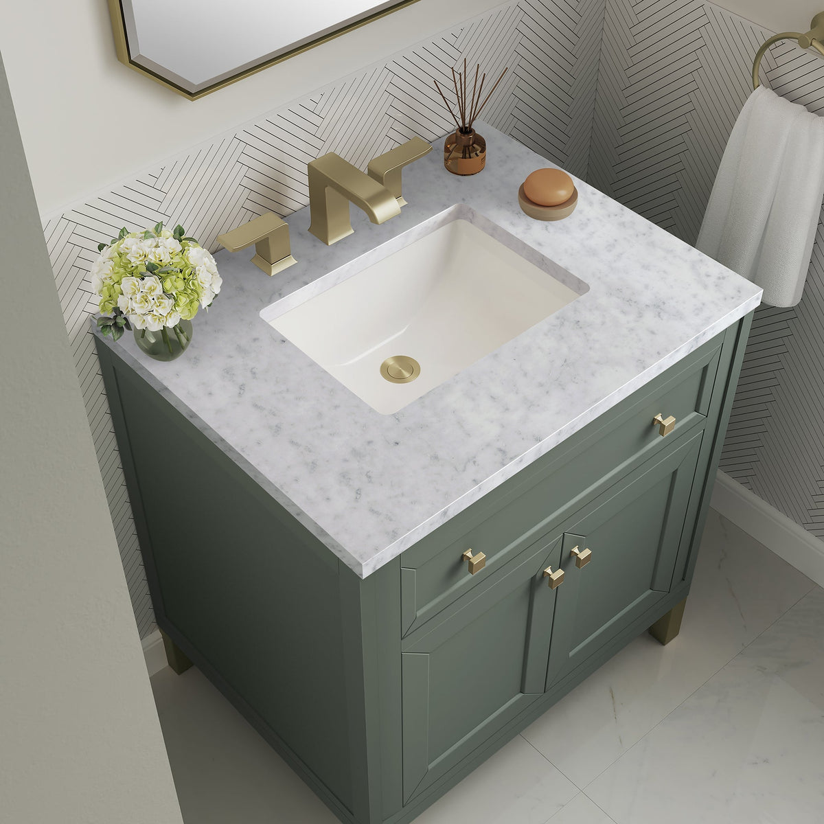 James Martin Chicago 30" Single Bathroom Vanity, Smokey Celadon with Carrara White countertop