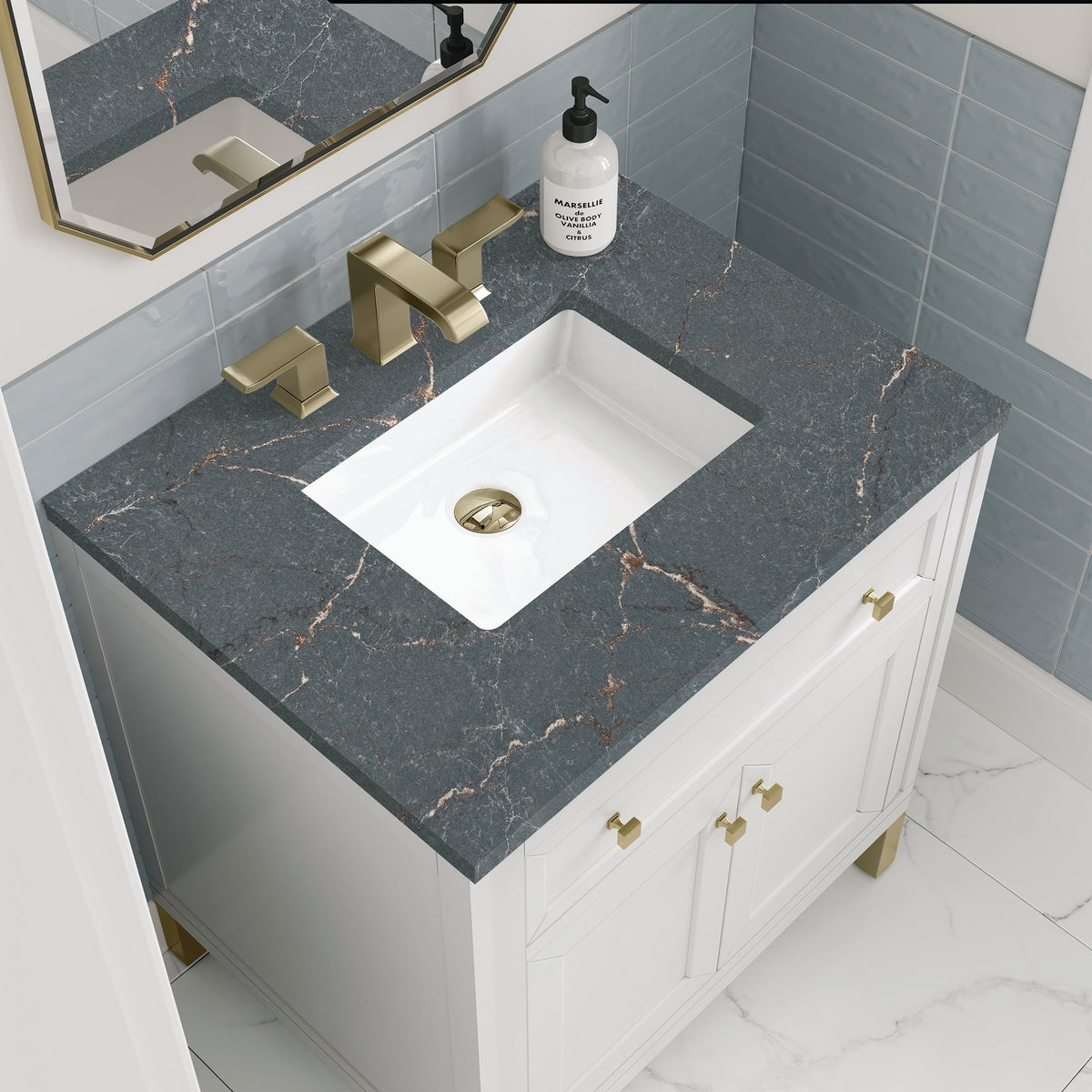 James Martin Chicago 30" Single Bathroom Vanity, Glossy White with Parisien Bleu countertop