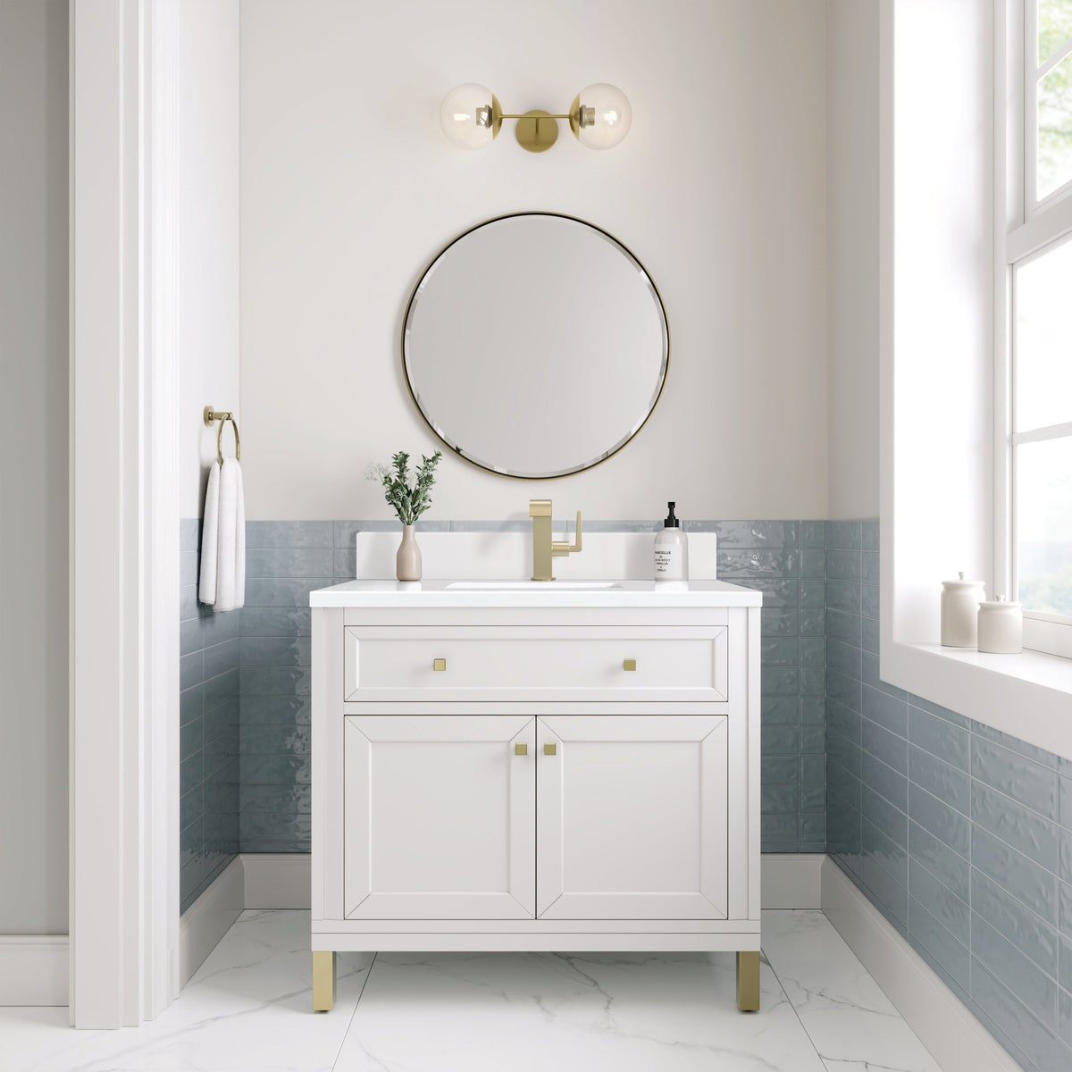 James Martin Chicago 36" Single Bathroom Vanity, Glossy White with White Zeus (Single Hole, with Backsplash) countertop