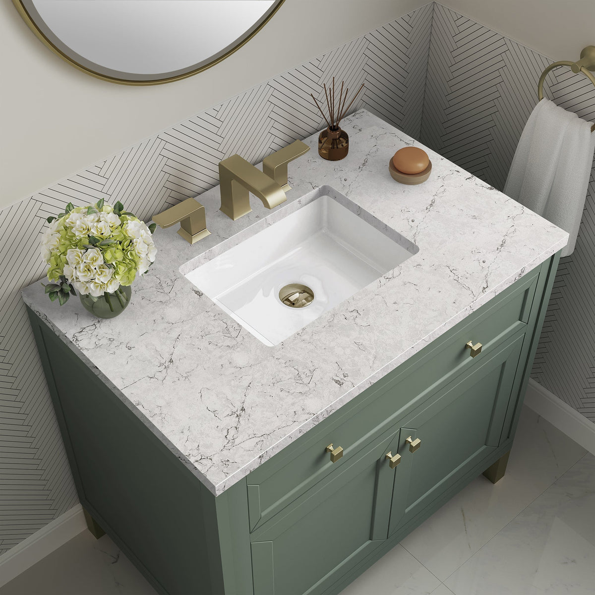 James Martin Chicago 36" Single Bathroom Vanity, Smokey Celadon with Eternal Jasmine Pearl countertop
